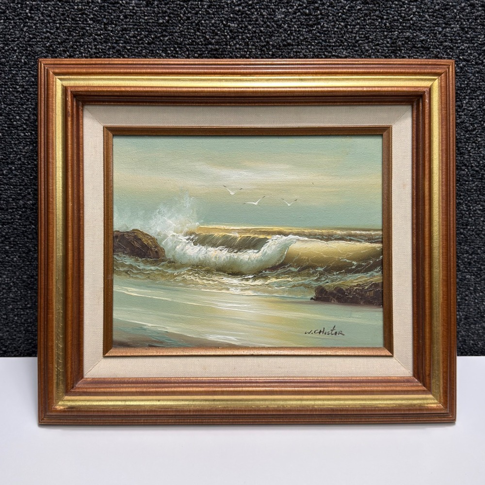 Vintage W. Chester Signed Original Oil Painting Seascape Ocean Waves Framed 8x10